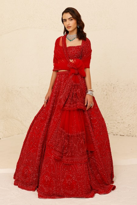 Studio Iris India Red Georgette Embellished Nalki Rose Radiance Embroidered Bridal Lehenga Set