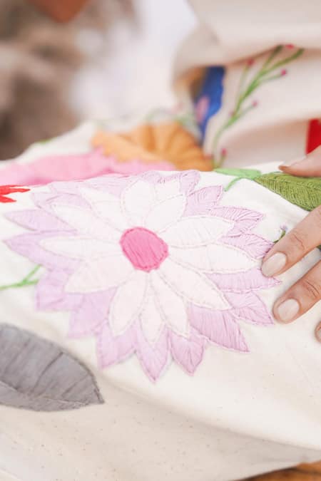 Spin Wheel Ivory Handloom Cotton 60s Count Hand Embroidered Floral Thread Midi Dress Online at Aza Fashions Spin Wheel_Ivory Handloom Cotton 60s Count Hand Embroidered Floral Thread Midi Dress_Online_at_Aza_Fashions