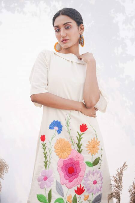 Buy Spin Wheel Ivory Handloom Cotton 60s Count Hand Embroidered Floral Thread Midi Dress Online at Aza Fashions Buy_Spin Wheel_Ivory Handloom Cotton 60s Count Hand Embroidered Floral Thread Midi Dress_Online_at_Aza_Fashions