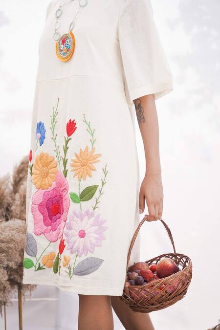 Buy Spin Wheel Ivory Handloom Cotton 60s Count Hand Embroidered Floral Thread Midi Dress Buy_Spin Wheel_Ivory Handloom Cotton 60s Count Hand Embroidered Floral Thread Midi Dress