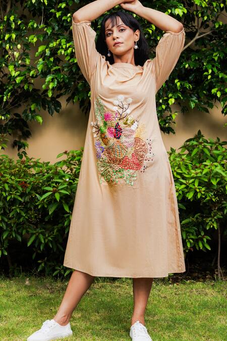 Buy_Spin Wheel_Cream Muslin Cotton 100s Count Hand Embroidered Thread High Neck Floral Dress_Online_at_Aza_Fashions