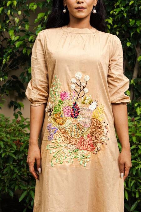 Shop_Spin Wheel_Cream Muslin Cotton 100s Count Hand Embroidered Thread High Neck Floral Dress_Online_at_Aza_Fashions
