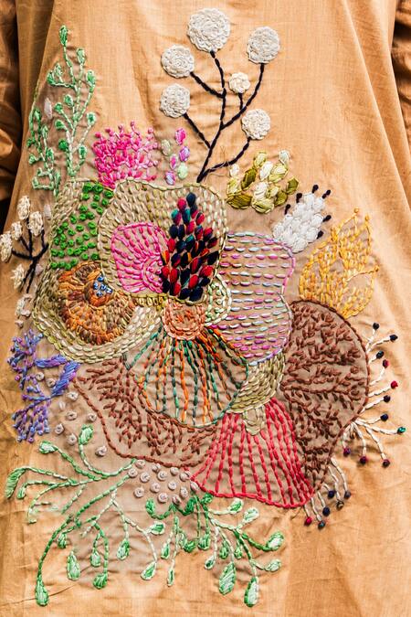 Spin Wheel_Cream Muslin Cotton 100s Count Hand Embroidered Thread High Neck Floral Dress_at_Aza_Fashions