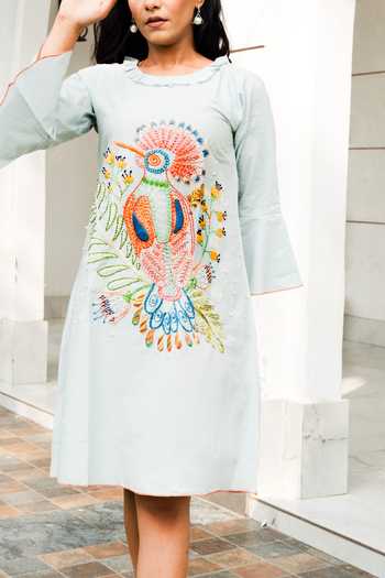 Buy Blue Muslin Cotton 100s Count Hand Embroidered Thread Round Bird Dress  For Women by Spin Wheel Online at Aza Fashions.