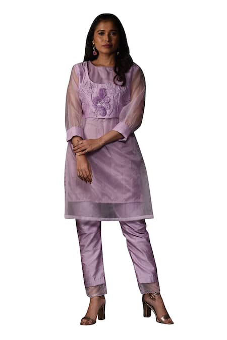 Label Deepshika Agarwal_Purple Organza, Chanderi Sequins, Embroidery Round Neck Leaf Kurta With Pant _Online_at_Aza_Fashions