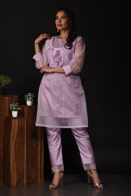 Buy_Label Deepshika Agarwal_Purple Organza, Chanderi Sequins, Embroidery Round Neck Leaf Kurta With Pant _Online_at_Aza_Fashions