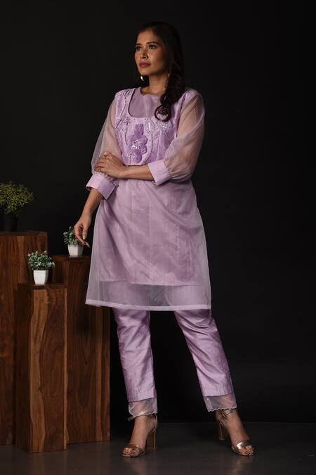 Shop_Label Deepshika Agarwal_Purple Organza, Chanderi Sequins, Embroidery Round Neck Leaf Kurta With Pant _Online_at_Aza_Fashions