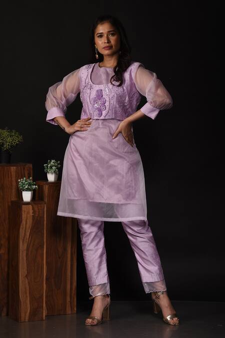 Label Deepshika Agarwal_Purple Organza, Chanderi Sequins, Embroidery Round Neck Leaf Kurta With Pant _at_Aza_Fashions