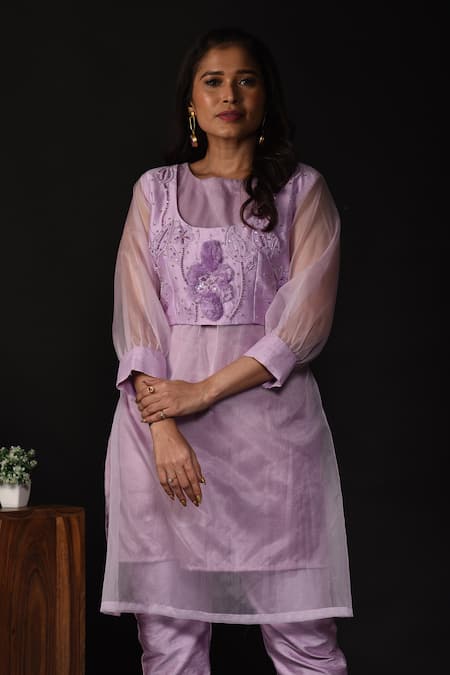 Buy_Label Deepshika Agarwal_Purple Organza, Chanderi Sequins, Embroidery Round Neck Leaf Kurta With Pant 