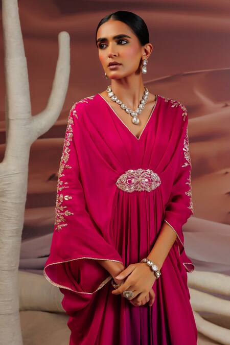 Adi By Aditya Khandelwl_Purple Georgette Organza Embroidery Gota V-neck Pitta Ombre Kaftan _Online_at_Aza_Fashions