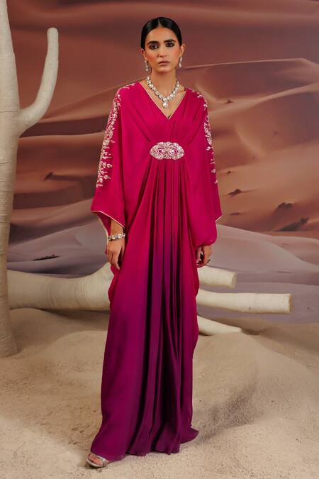 Buy_Adi By Aditya Khandelwl_Purple Georgette Organza Embroidery Gota V-neck Pitta Ombre Kaftan _Online_at_Aza_Fashions