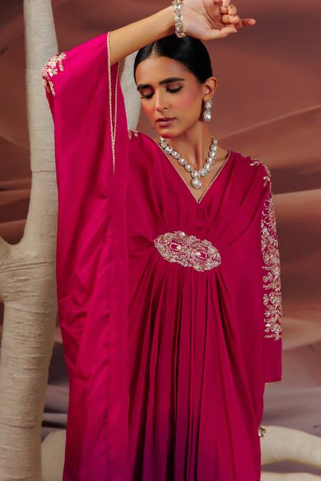 Shop_Adi By Aditya Khandelwl_Purple Georgette Organza Embroidery Gota V-neck Pitta Ombre Kaftan _Online_at_Aza_Fashions