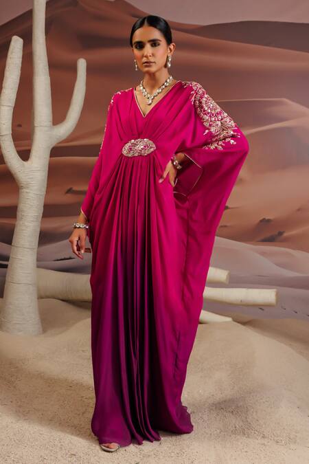 Adi By Aditya Khandelwl_Purple Georgette Organza Embroidery Gota V-neck Pitta Ombre Kaftan _at_Aza_Fashions