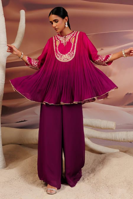 Adi By Aditya Khandelwl Pleat Embroidered Yoke Top With Palazzo 