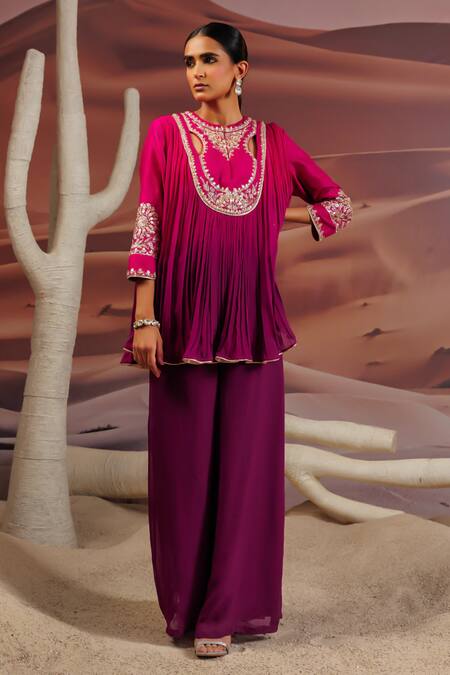 Adi By Aditya Khandelwl_Purple Georgette, Silk Beads, Zari, Gota Pleat Embroidered Yoke Top With Palazzo _Online_at_Aza_Fashions