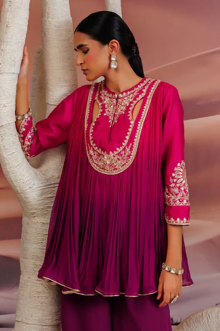 Buy_Adi By Aditya Khandelwl_Purple Georgette, Silk Beads, Zari, Gota Pleat Embroidered Yoke Top With Palazzo _Online_at_Aza_Fashions