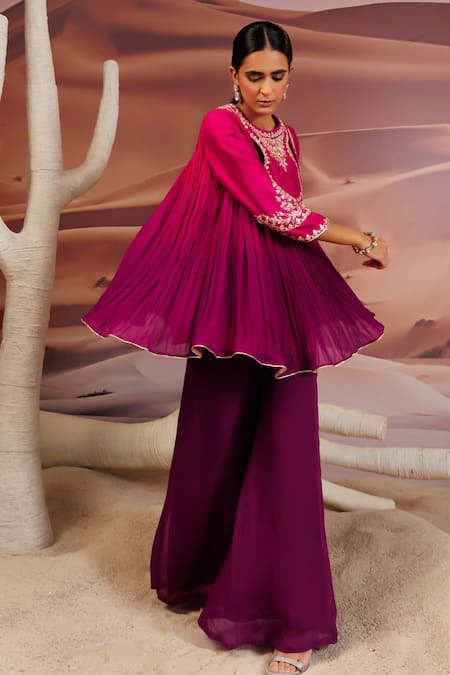 Shop_Adi By Aditya Khandelwl_Purple Georgette, Silk Beads, Zari, Gota Pleat Embroidered Yoke Top With Palazzo _Online_at_Aza_Fashions