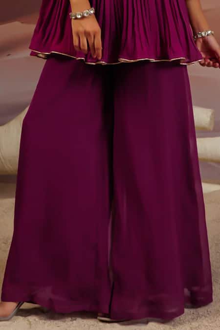 Adi By Aditya Khandelwl_Purple Georgette, Silk Beads, Zari, Gota Pleat Embroidered Yoke Top With Palazzo _at_Aza_Fashions