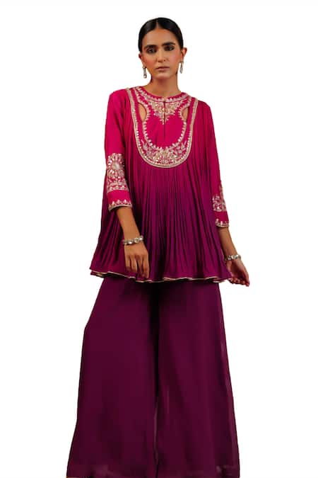 Buy_Adi By Aditya Khandelwl_Purple Georgette, Silk Beads, Zari, Gota Pleat Embroidered Yoke Top With Palazzo 