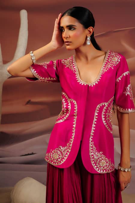 Buy_Adi By Aditya Khandelwl_Pink Silk, Georgette, Organza Pitta Embroidered Jacket With Pleated Palazzo _Online_at_Aza_Fashions