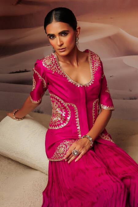 Shop_Adi By Aditya Khandelwl_Pink Silk, Georgette, Organza Pitta Embroidered Jacket With Pleated Palazzo _Online_at_Aza_Fashions