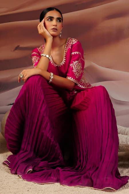 Adi By Aditya Khandelwl_Pink Silk, Georgette, Organza Pitta Embroidered Jacket With Pleated Palazzo _at_Aza_Fashions