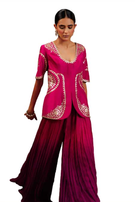 Buy_Adi By Aditya Khandelwl_Pink Silk, Georgette, Organza Pitta Embroidered Jacket With Pleated Palazzo 