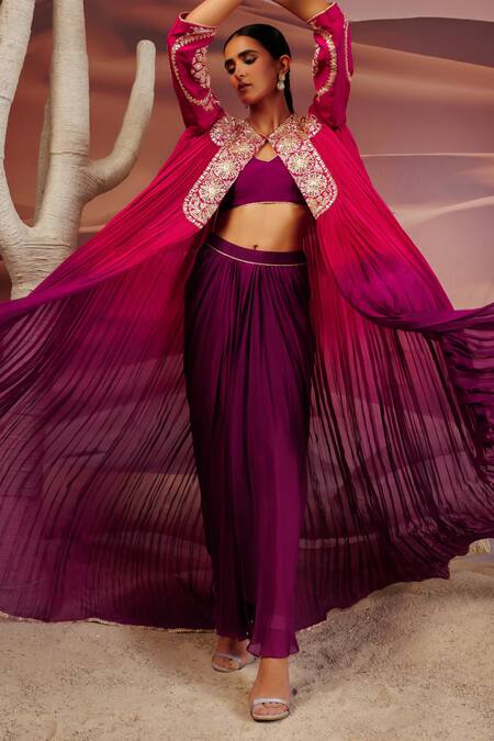 Adi By Aditya Khandelwl Purple Georgette Organza Embroidery Gota Blouse V-neck Pleat Cape And Skirt Set Online at Aza Fashions Adi By Aditya Khandelwl_Purple Georgette Organza Embroidery Gota Blouse V-neck Pleat Cape And Skirt Set _Online_at_Aza_Fashions
