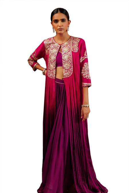 Shop Adi By Aditya Khandelwl Purple Georgette Organza Embroidery Gota Blouse V-neck Pleat Cape And Skirt Set Online at Aza Fashions Shop_Adi By Aditya Khandelwl_Purple Georgette Organza Embroidery Gota Blouse V-neck Pleat Cape And Skirt Set _Online_at_Aza_Fashions
