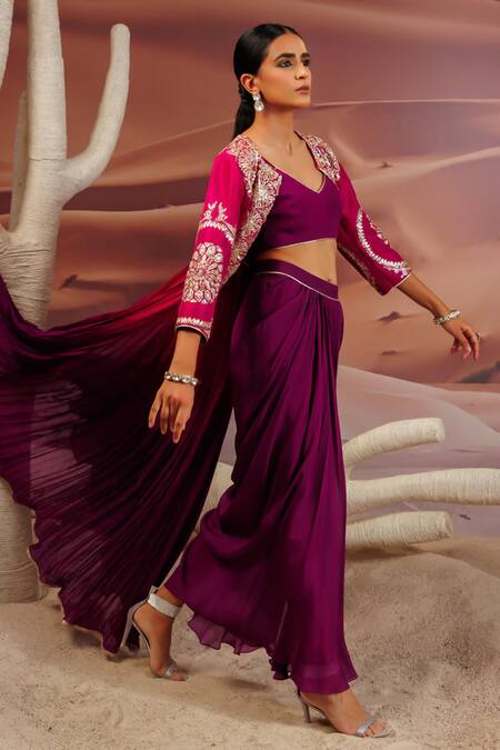 Adi By Aditya Khandelwl Purple Georgette Organza Embroidery Gota Blouse V-neck Pleat Cape And Skirt Set at Aza Fashions Adi By Aditya Khandelwl_Purple Georgette Organza Embroidery Gota Blouse V-neck Pleat Cape And Skirt Set _at_Aza_Fashions