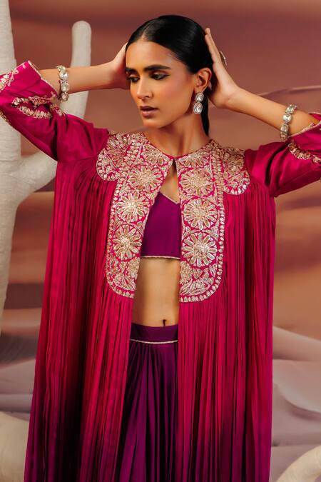 Buy Adi By Aditya Khandelwl Purple Georgette Organza Embroidery Gota Blouse V-neck Pleat Cape And Skirt Set Buy_Adi By Aditya Khandelwl_Purple Georgette Organza Embroidery Gota Blouse V-neck Pleat Cape And Skirt Set