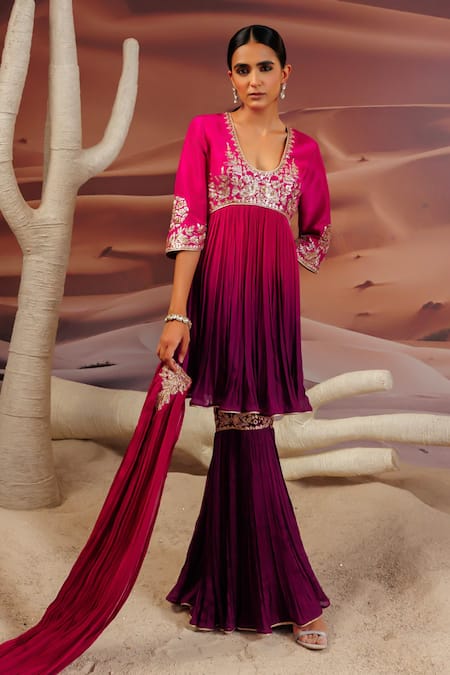 Adi By Aditya Khandelwl Pleat Embroidered Yoke Top & Sharara Set 