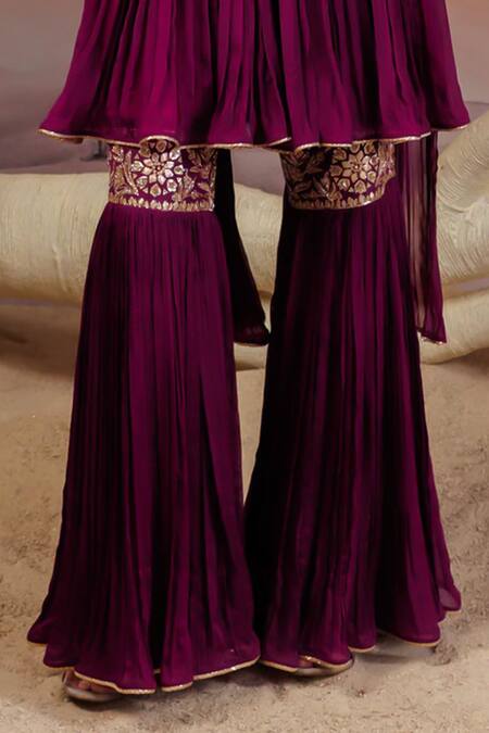 Adi By Aditya Khandelwl_Purple Georgette, Silk, Organza Gota Pleat Embroidered Yoke Top And Sharara Set _Online_at_Aza_Fashions