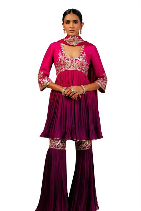 Buy_Adi By Aditya Khandelwl_Purple Georgette, Silk, Organza Gota Pleat Embroidered Yoke Top And Sharara Set _Online_at_Aza_Fashions