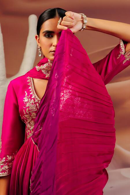 Shop_Adi By Aditya Khandelwl_Purple Georgette, Silk, Organza Gota Pleat Embroidered Yoke Top And Sharara Set 