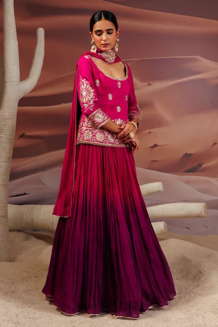 Adi By Aditya Khandelwl_Pink Silk, Georgette, Organza Beads, Gota Patti, Ombre Embroidered Lehenga Set _Online_at_Aza_Fashions