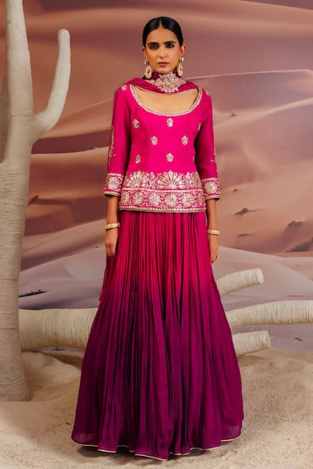 Buy_Adi By Aditya Khandelwl_Pink Silk, Georgette, Organza Beads, Gota Patti, Ombre Embroidered Lehenga Set _Online_at_Aza_Fashions
