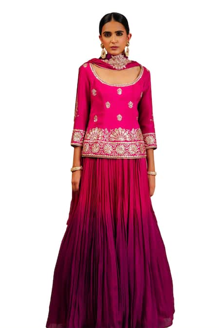 Adi By Aditya Khandelwl_Pink Silk, Georgette, Organza Beads, Gota Patti, Ombre Embroidered Lehenga Set _at_Aza_Fashions