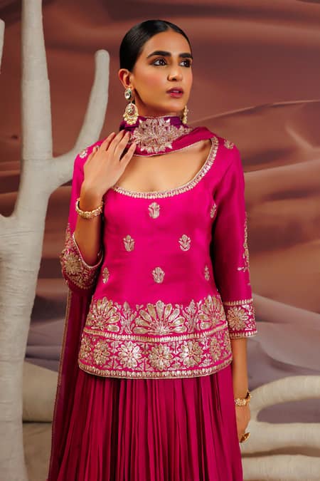 Buy_Adi By Aditya Khandelwl_Pink Silk, Georgette, Organza Beads, Gota Patti, Ombre Embroidered Lehenga Set 