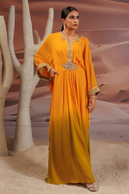 Adi By Aditya Khandelwl Yellow Georgette Embroidered Dori Notched Ombre Kaftan 