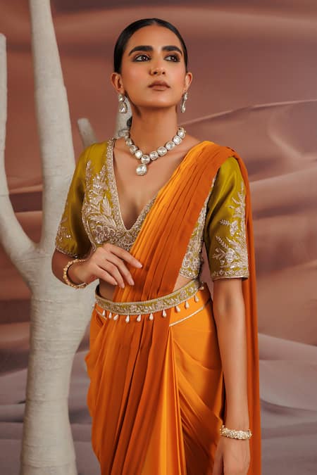 Adi By Aditya Khandelwl_Yellow Georgette, Silk Sequins, Beads, Diamonds Embroidered Pre-draped Saree Set _Online_at_Aza_Fashions