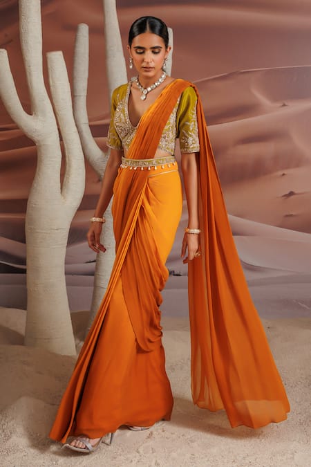 Buy_Adi By Aditya Khandelwl_Yellow Georgette, Silk Sequins, Beads, Diamonds Embroidered Pre-draped Saree Set _Online_at_Aza_Fashions