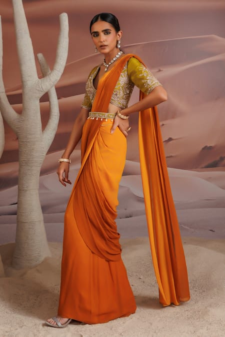 Shop_Adi By Aditya Khandelwl_Yellow Georgette, Silk Sequins, Beads, Diamonds Embroidered Pre-draped Saree Set _Online_at_Aza_Fashions