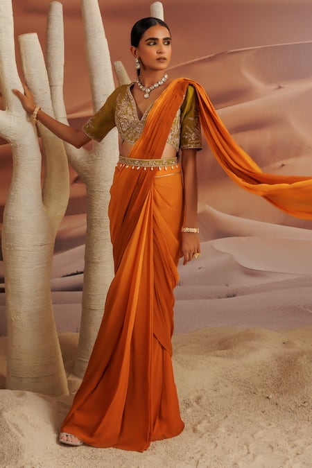 Adi By Aditya Khandelwl_Yellow Georgette, Silk Sequins, Beads, Diamonds Embroidered Pre-draped Saree Set _at_Aza_Fashions