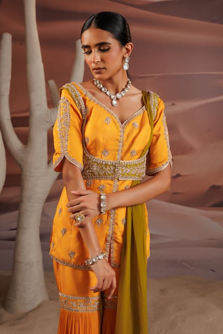 Adi By Aditya Khandelwl_Yellow Silk, Georgette, Organza Sequins Embroidered Gharara Set With Jacket _Online_at_Aza_Fashions