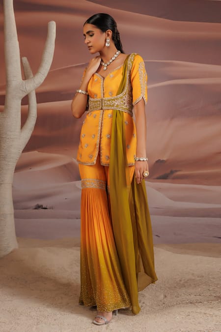 Buy_Adi By Aditya Khandelwl_Yellow Silk, Georgette, Organza Sequins Embroidered Gharara Set With Jacket _Online_at_Aza_Fashions
