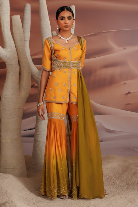 Shop_Adi By Aditya Khandelwl_Yellow Silk, Georgette, Organza Sequins Embroidered Gharara Set With Jacket _Online_at_Aza_Fashions