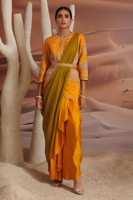 Adi By Aditya Khandelwl Embroidered Jacket Draped Skirt Set With Waist Belt 