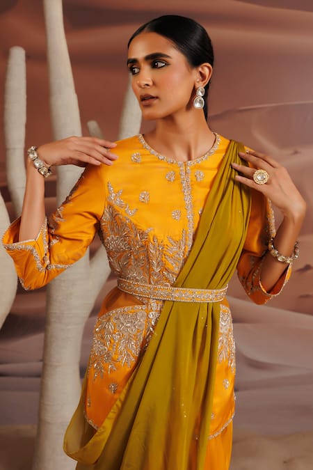 Adi By Aditya Khandelwl_Yellow Jacket Opada Silk Embroidered Dori Draped Skirt Set With Waist Belt _Online_at_Aza_Fashions