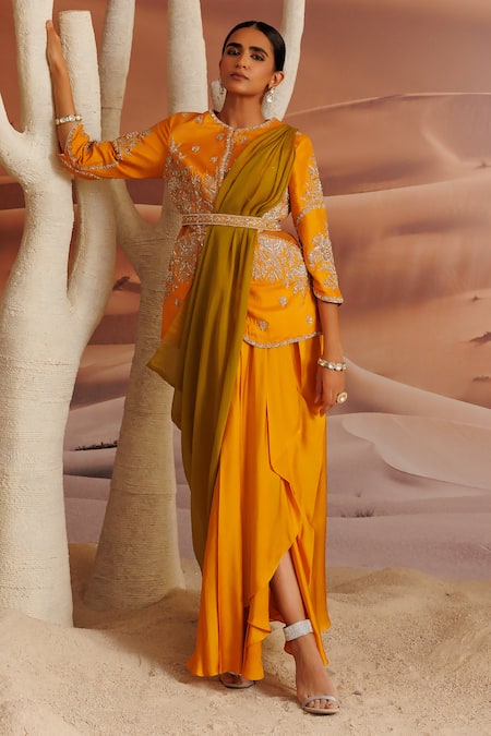 Buy_Adi By Aditya Khandelwl_Yellow Jacket Opada Silk Embroidered Dori Draped Skirt Set With Waist Belt _Online_at_Aza_Fashions